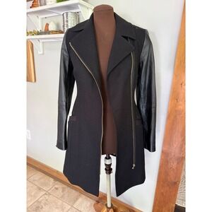 Ted Baker Alycia Black Wool Cashmere Coat Leather Sleeves Floral Lining Size 0